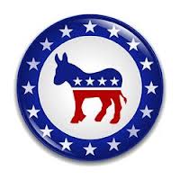 A blue and red donkey representing the Democratic party. The donkey is encircled by a blue ring with white stars.